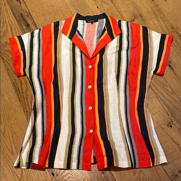 Lafayette 148 New York Linen Blouse Shirt Button Up Stripe Red Orange Cream M - Picture 1 of 12